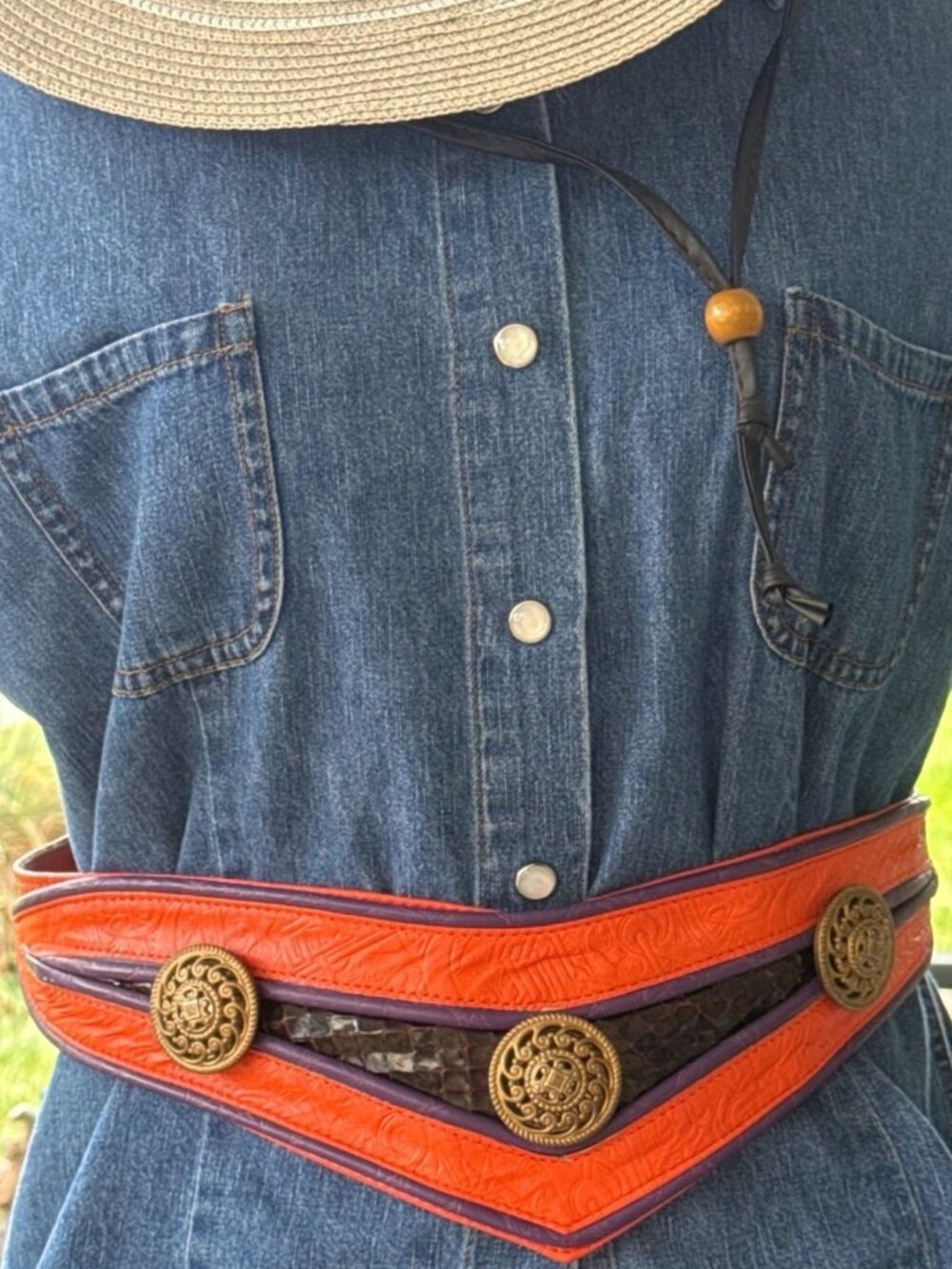 Vintage Isabel USA Wide Leather Waist Belt Orange Purple Medallion Boho Festival
